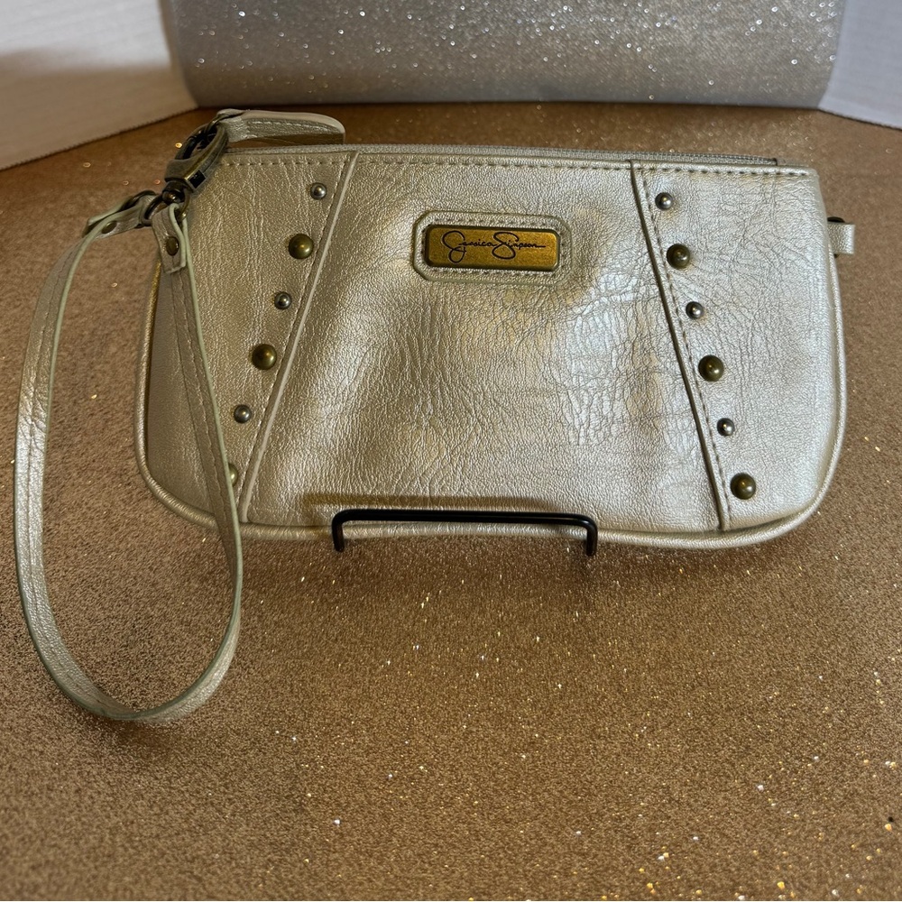 Jessica Simpson Metallic Gold Clutch Wristlet with Studded Accents EUC